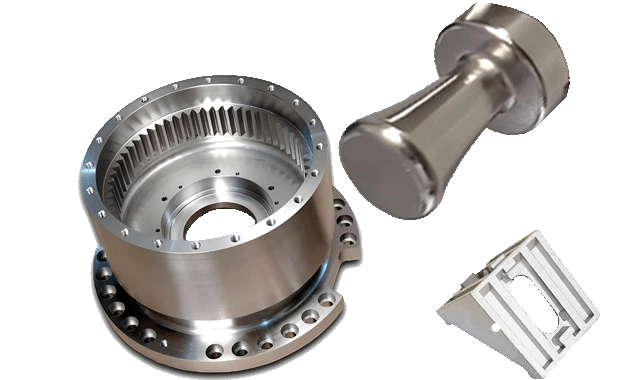 Aluminium machined housings, shafts and brackets, company website photograph.